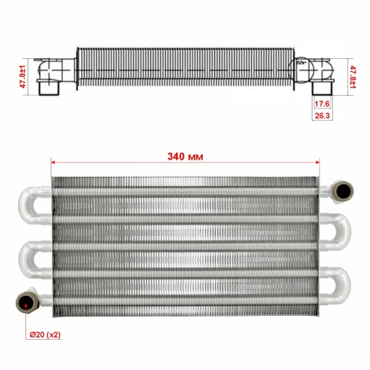 Теплообменник первичный (Монотермический) длина 340мм, ширина 180мм